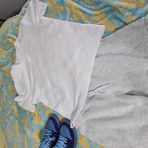 White T-Shirt and Gray Shorts Set with Blue Sneakers